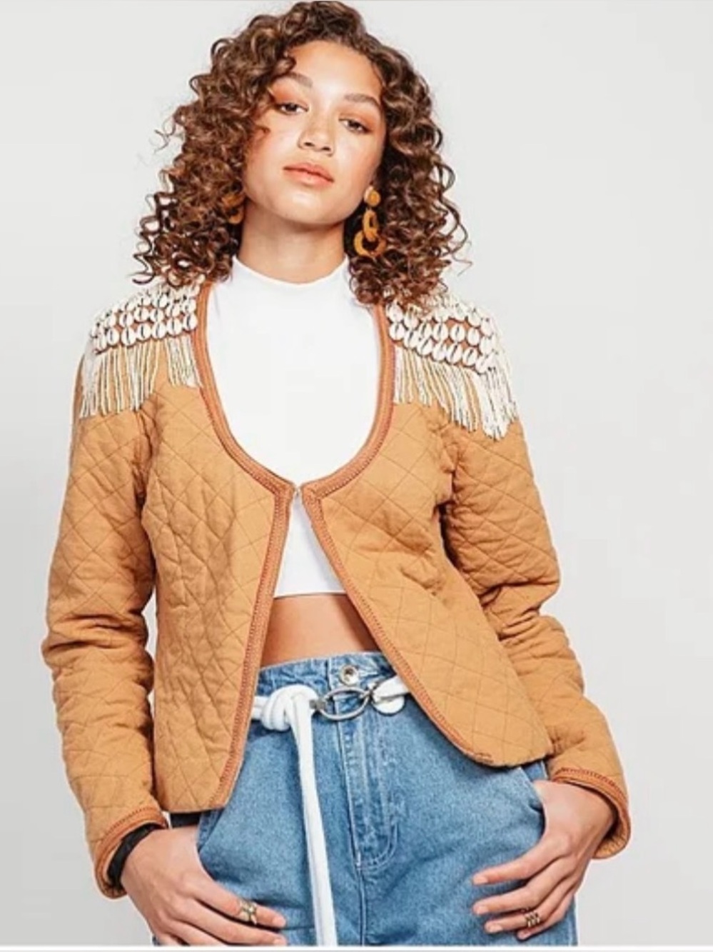Madison Scotch NWT Camel Quilted Jacket with Beaded Shell Fringe size P/XS